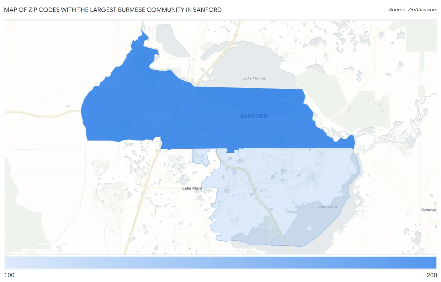 Zip Codes with the Largest Burmese Community in Sanford Map