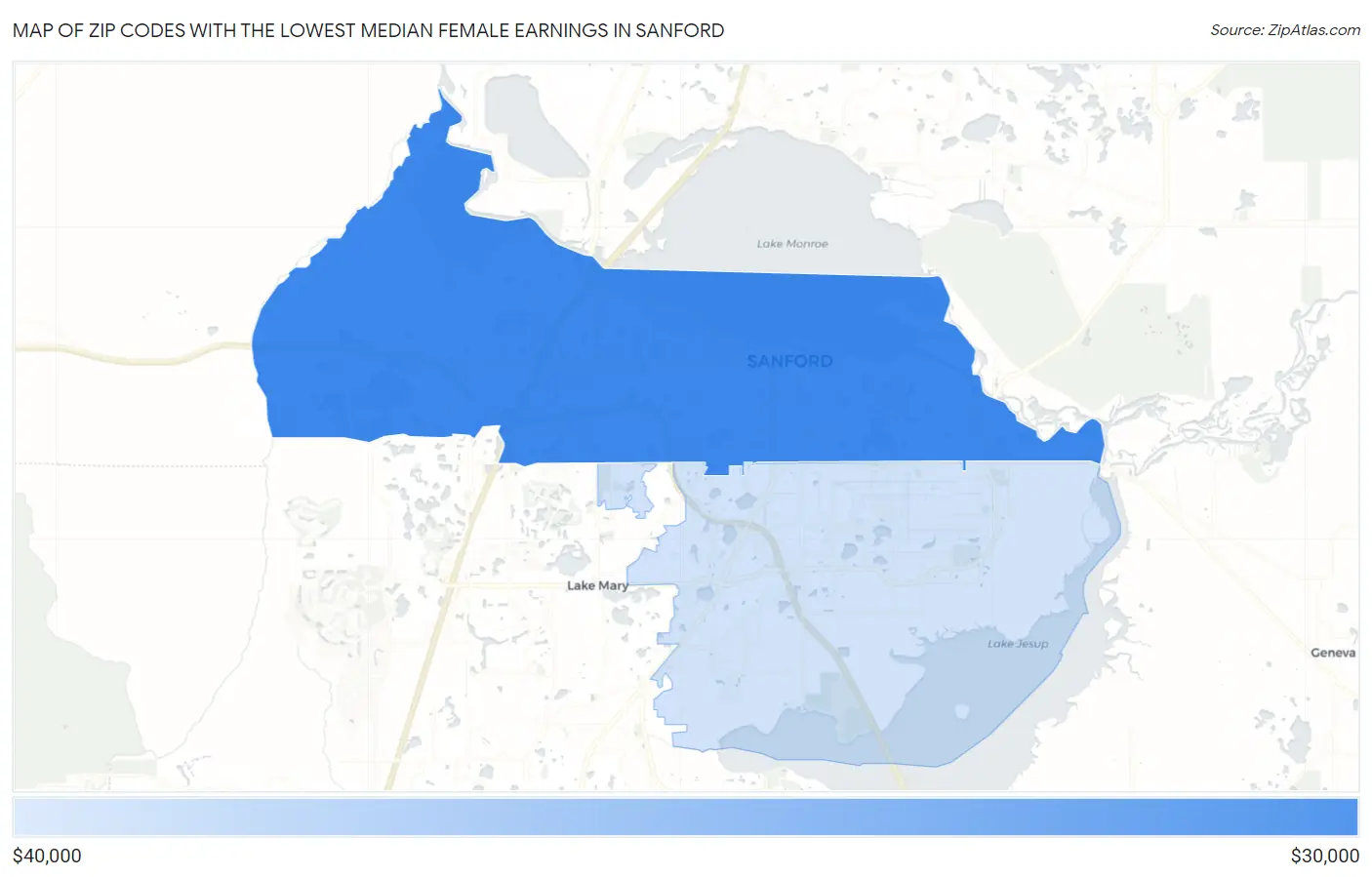 Zip Codes with the Lowest Median Female Earnings in Sanford Map