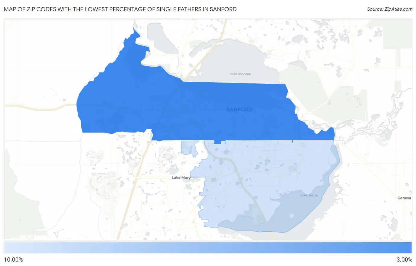 Zip Codes with the Lowest Percentage of Single Fathers in Sanford Map