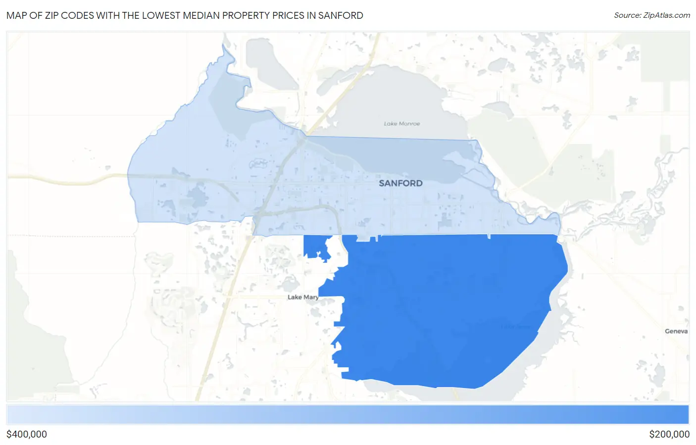 Zip Codes with the Lowest Median Property Prices in Sanford Map
