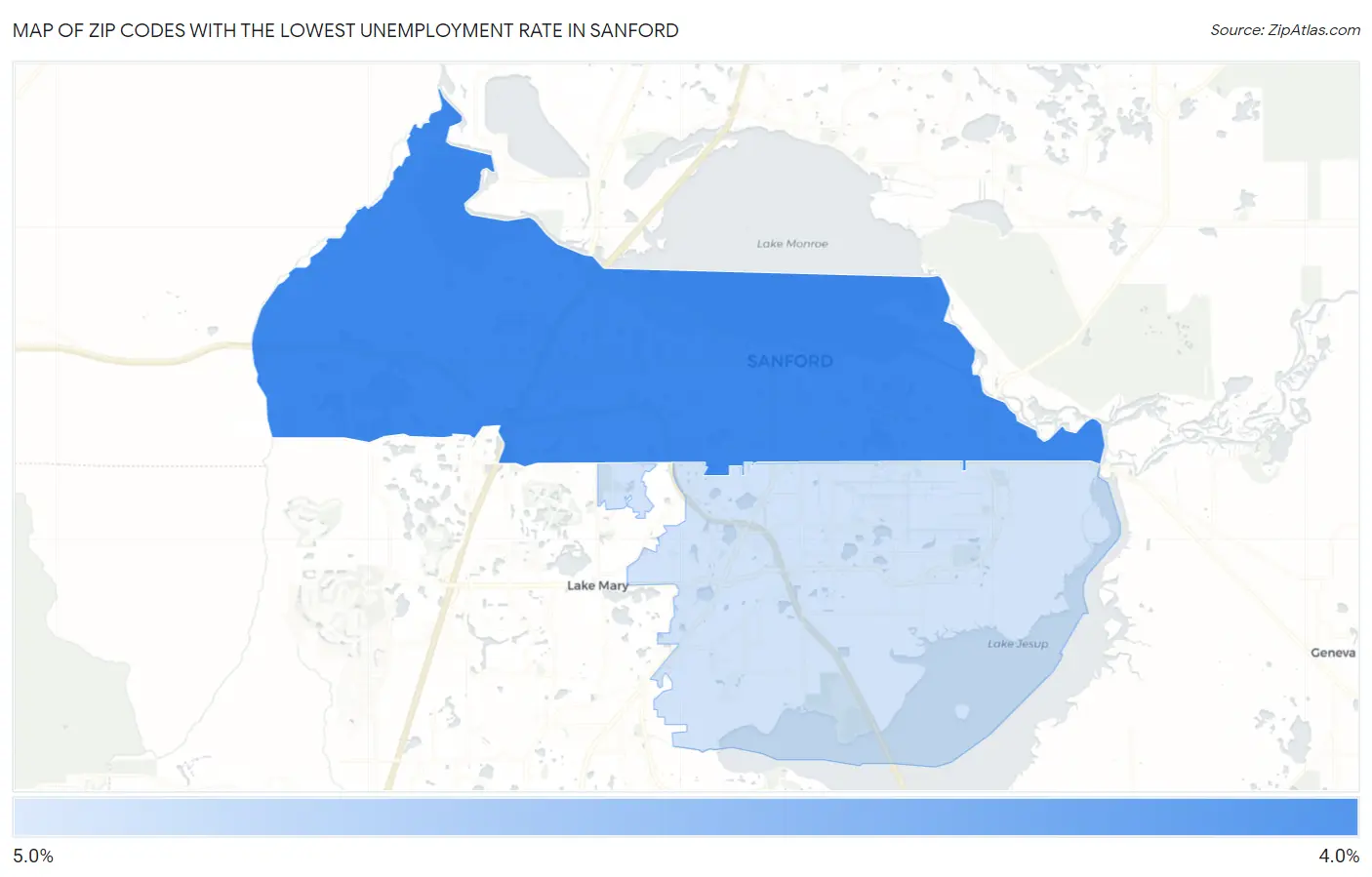 Zip Codes with the Lowest Unemployment Rate in Sanford Map
