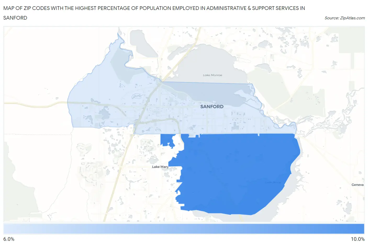 Zip Codes with the Highest Percentage of Population Employed in Administrative & Support Services in Sanford Map
