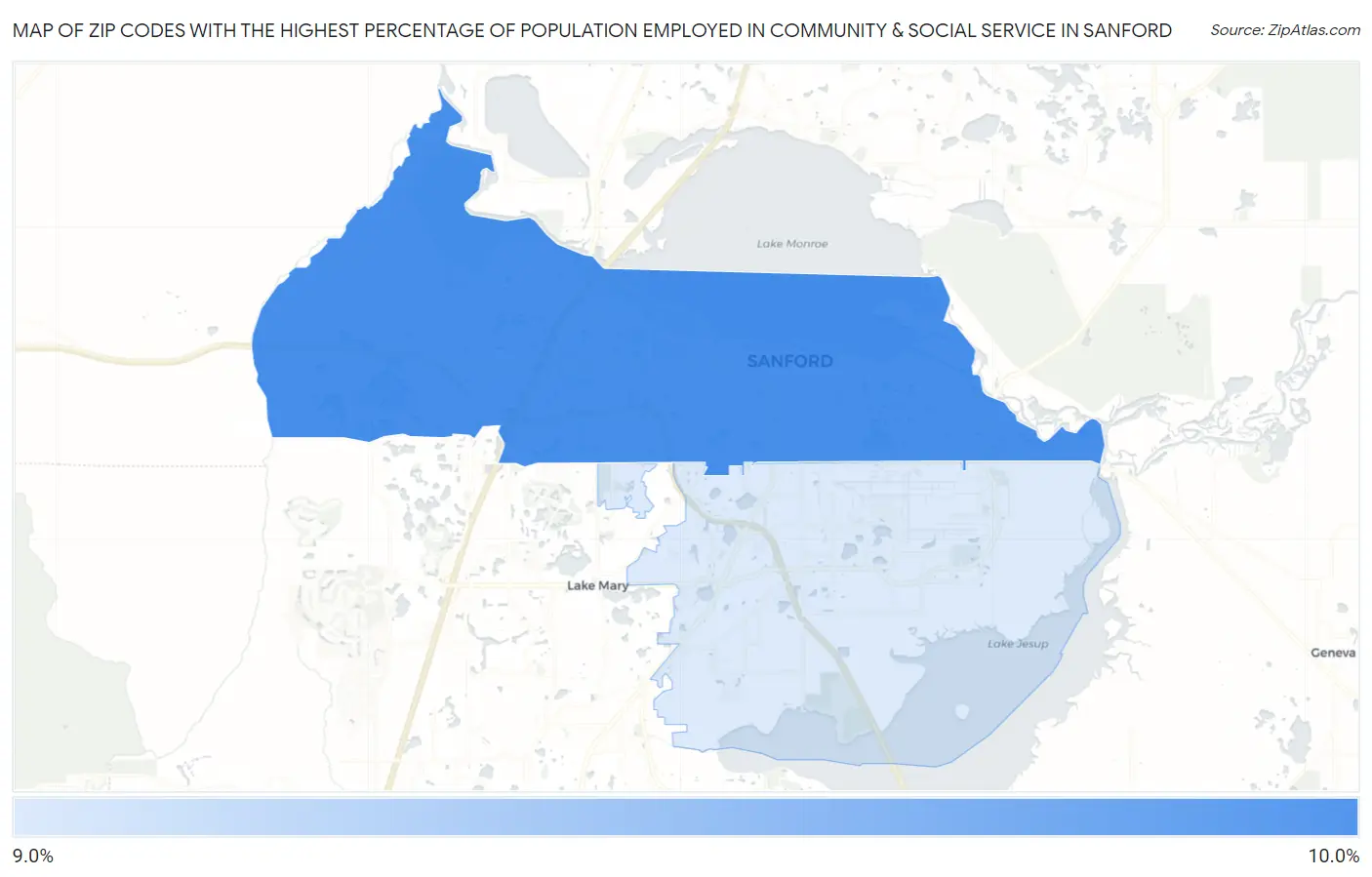 Zip Codes with the Highest Percentage of Population Employed in Community & Social Service  in Sanford Map
