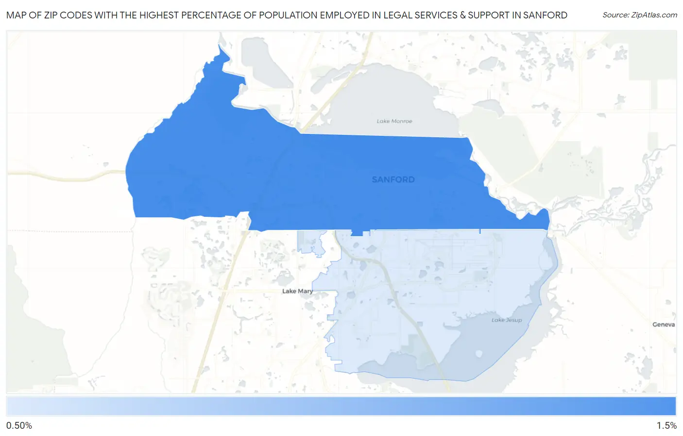 Zip Codes with the Highest Percentage of Population Employed in Legal Services & Support in Sanford Map