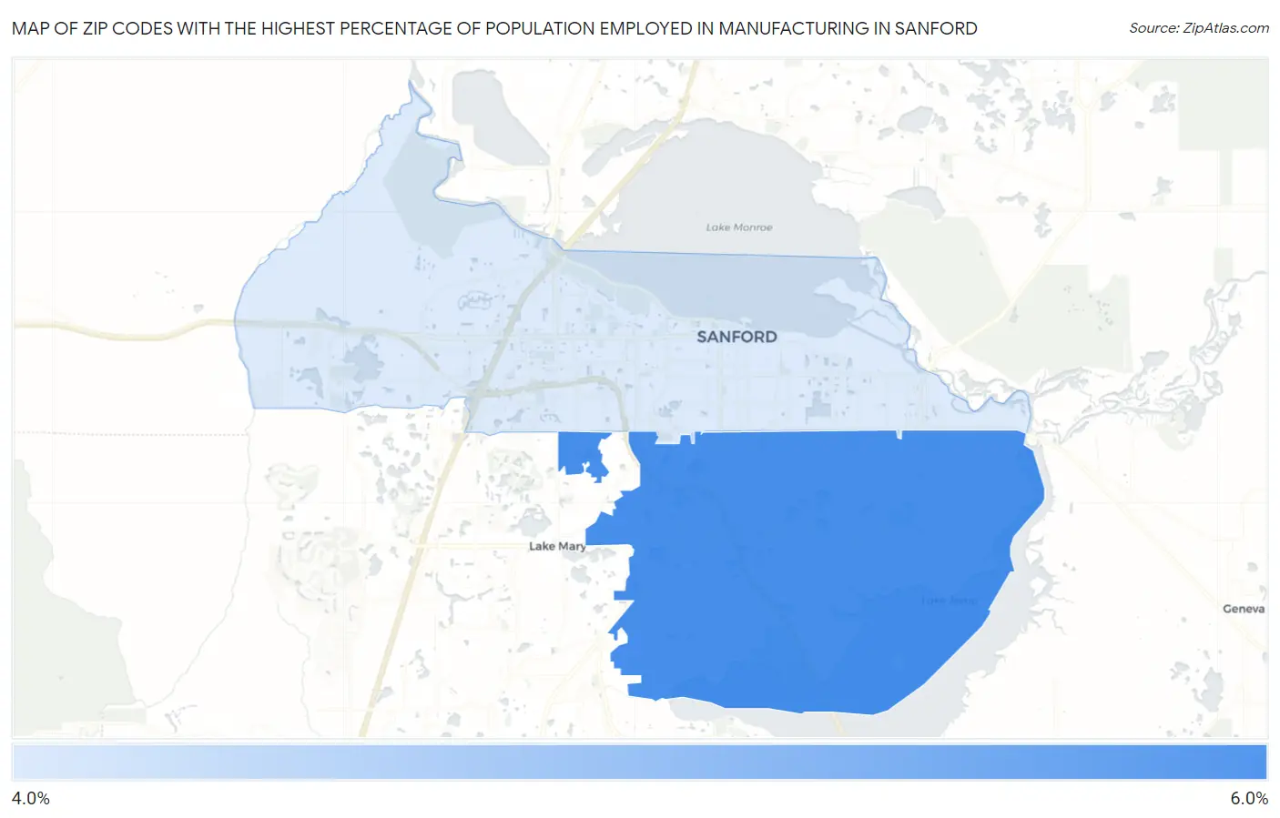 Zip Codes with the Highest Percentage of Population Employed in Manufacturing in Sanford Map