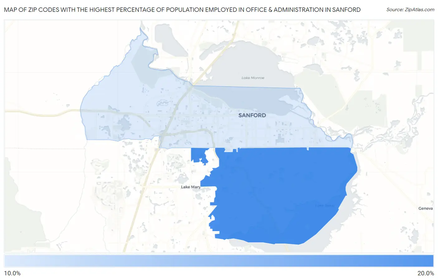 Zip Codes with the Highest Percentage of Population Employed in Office & Administration in Sanford Map