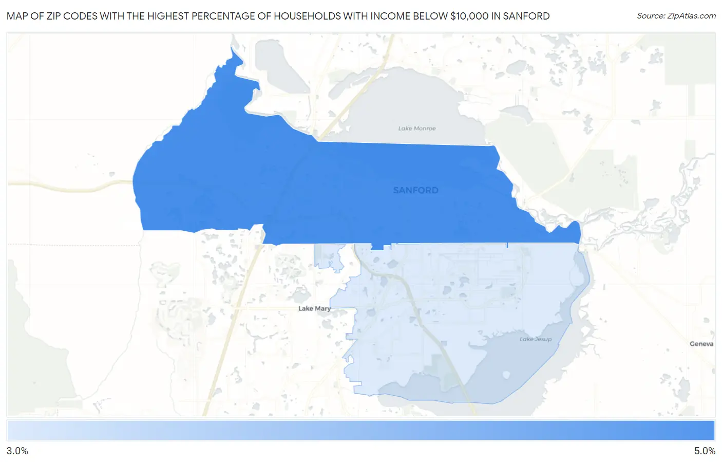 Zip Codes with the Highest Percentage of Households with Income Below $10,000 in Sanford Map