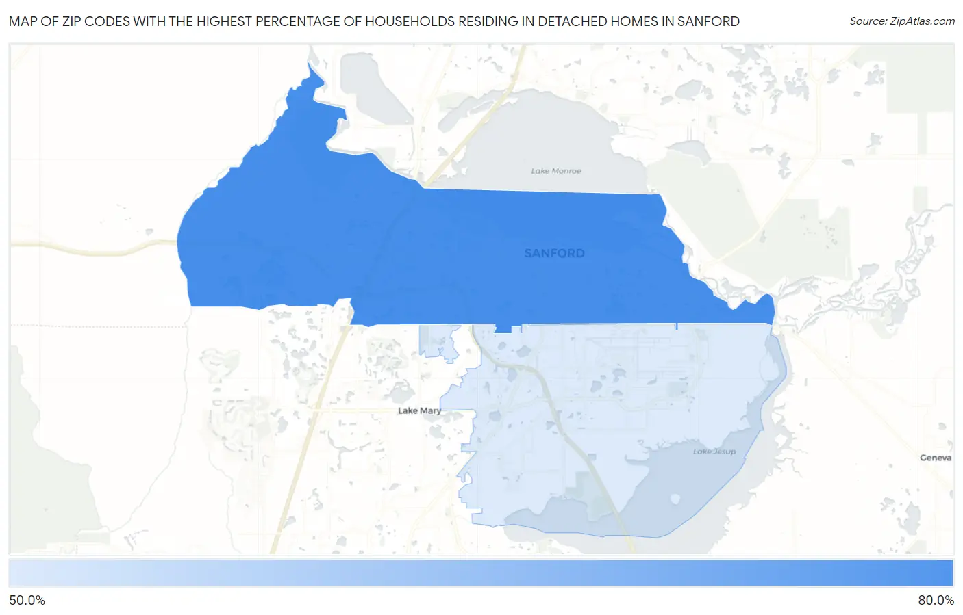 Zip Codes with the Highest Percentage of Households Residing in Detached Homes in Sanford Map