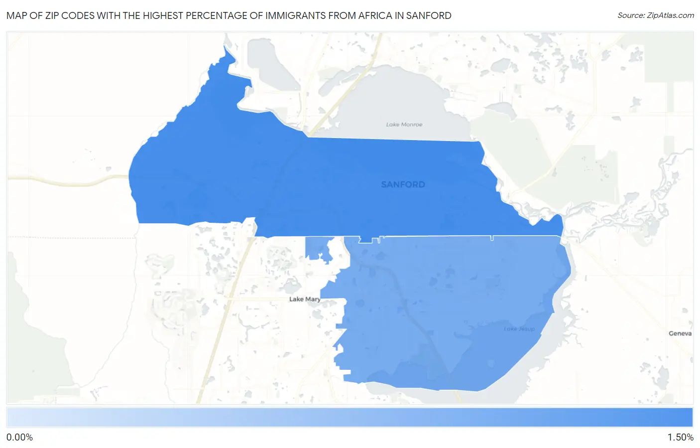 Zip Codes with the Highest Percentage of Immigrants from Africa in Sanford Map