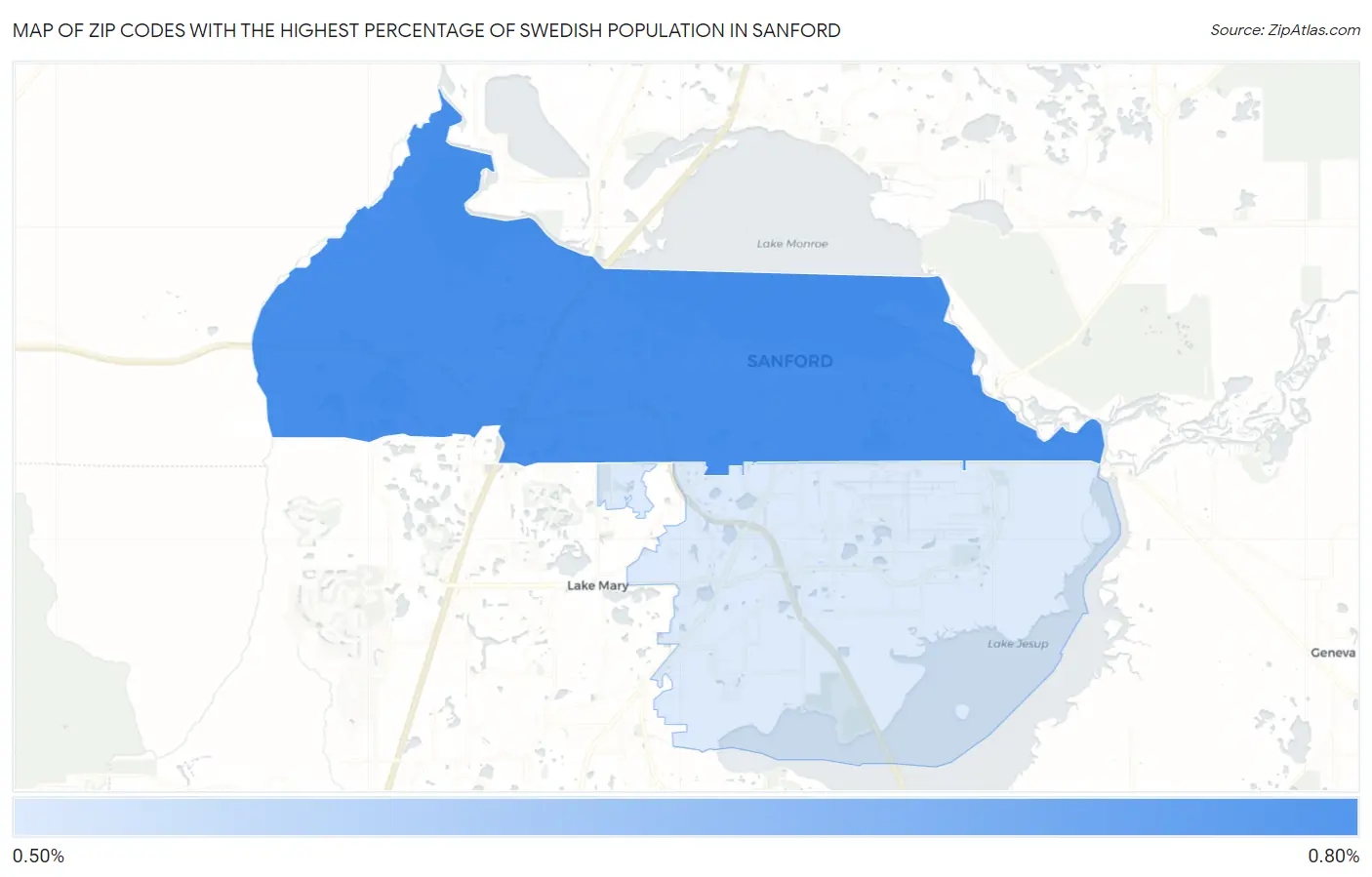 Zip Codes with the Highest Percentage of Swedish Population in Sanford Map