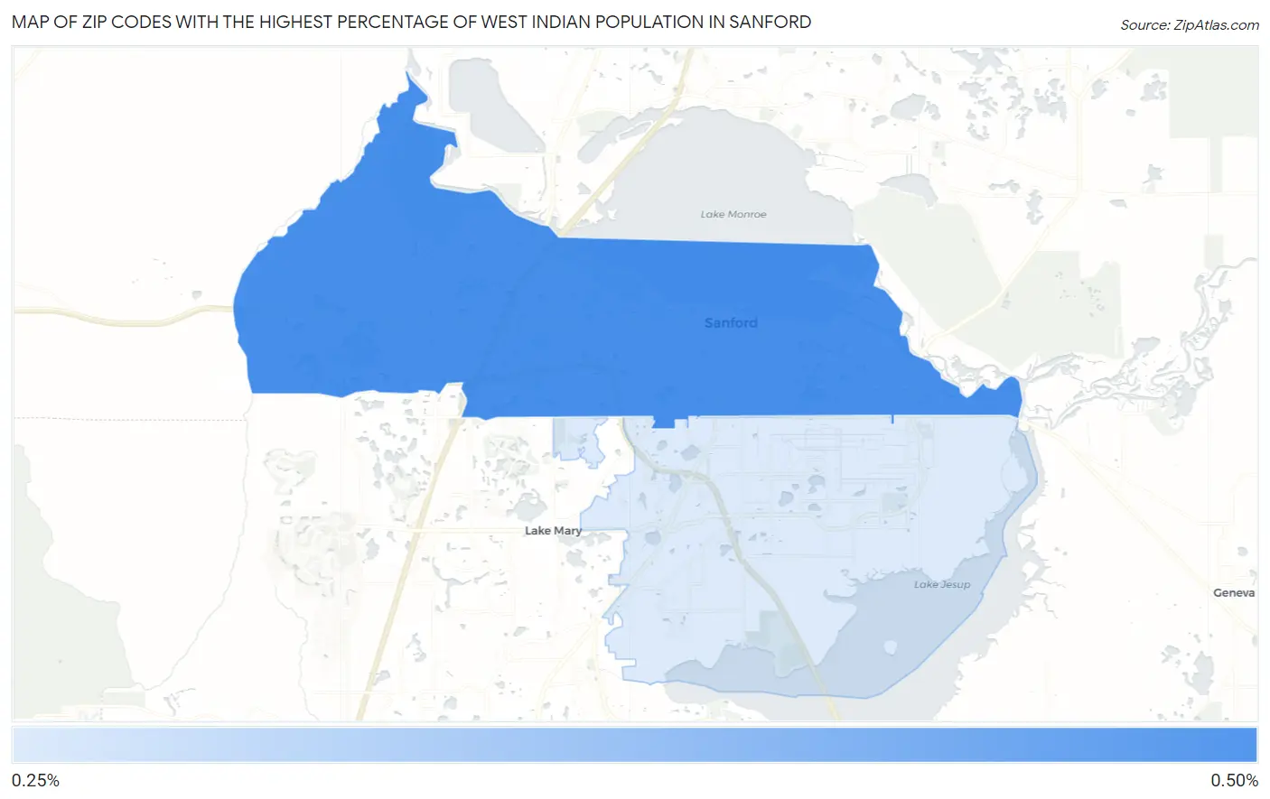 Zip Codes with the Highest Percentage of West Indian Population in Sanford Map