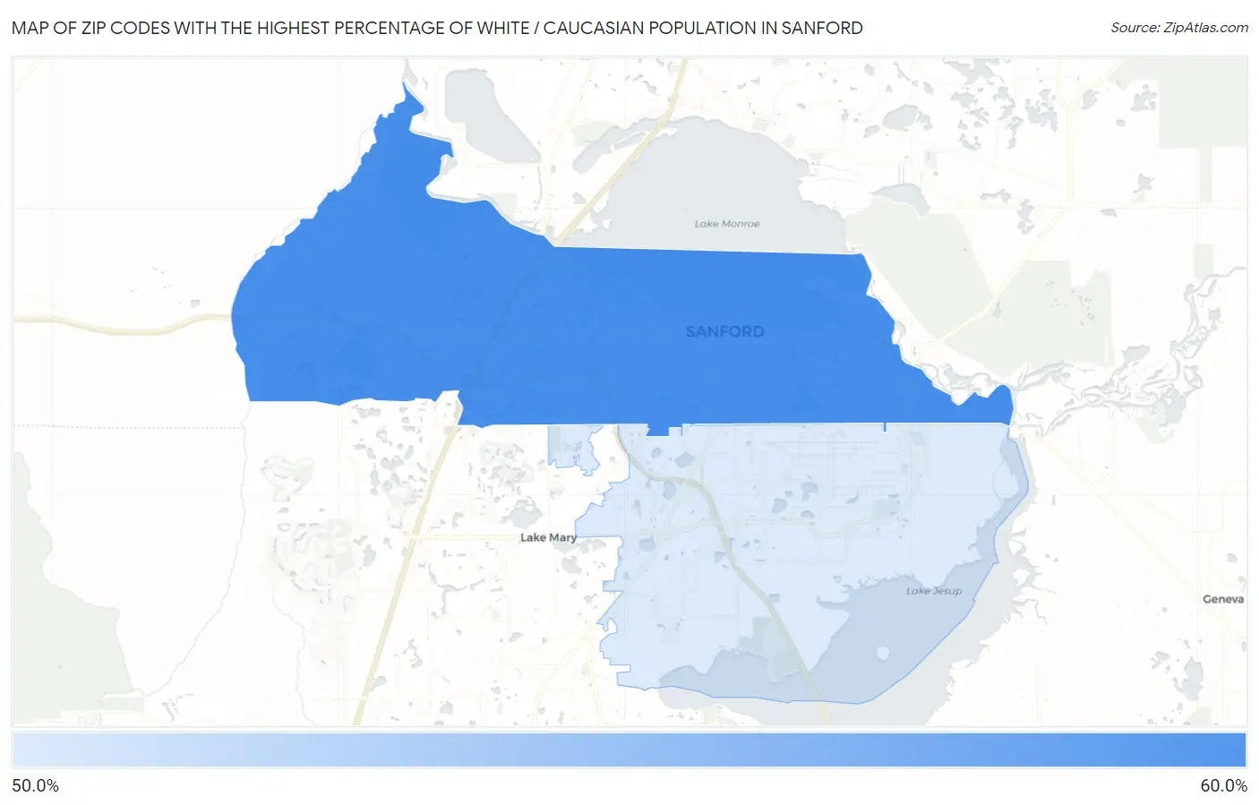 Zip Codes with the Highest Percentage of White / Caucasian Population in Sanford Map