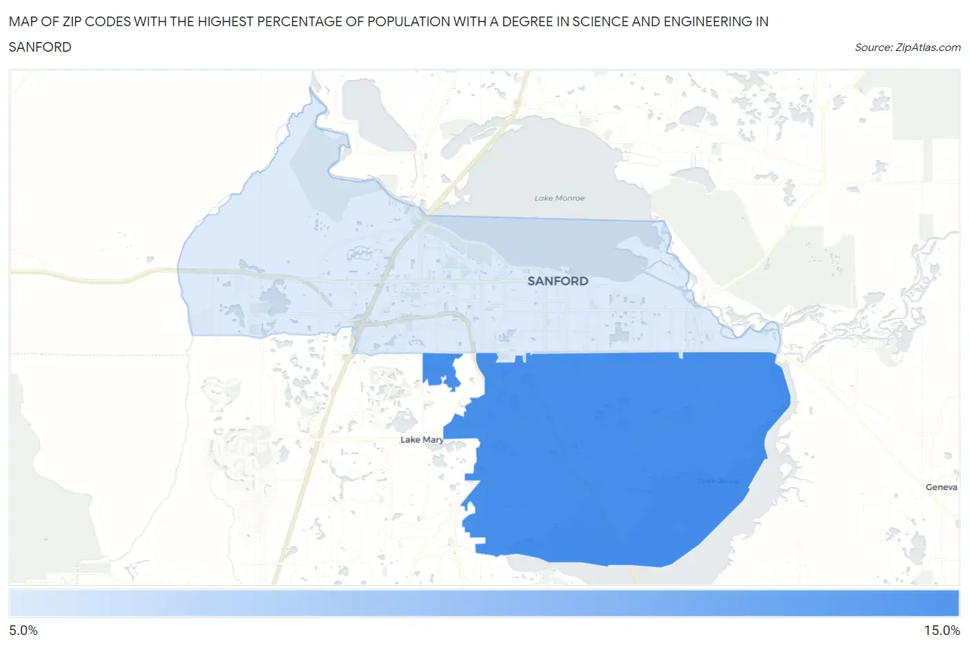 Zip Codes with the Highest Percentage of Population with a Degree in Science and Engineering in Sanford Map