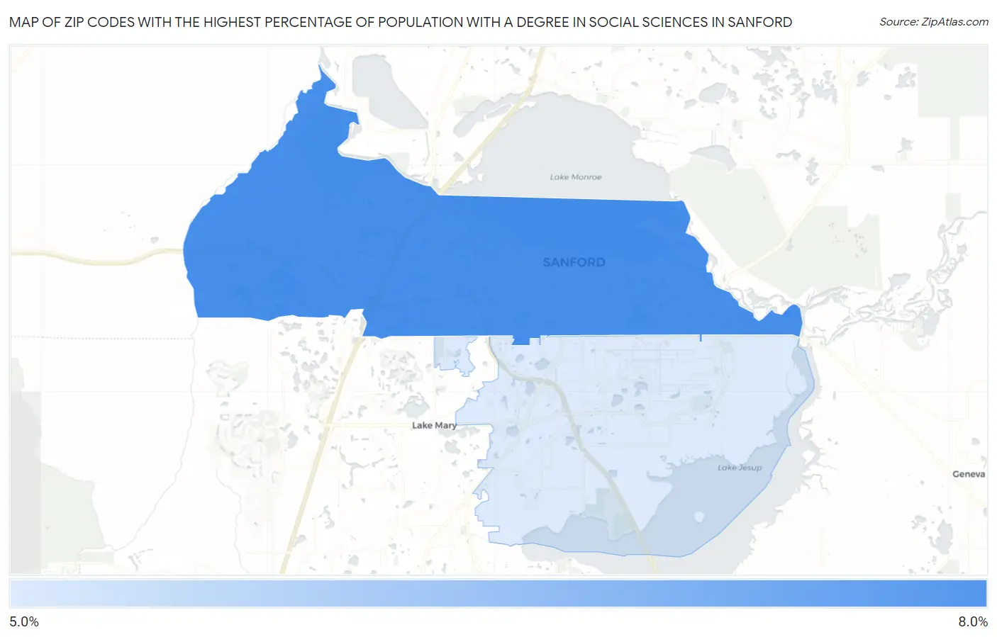 Zip Codes with the Highest Percentage of Population with a Degree in Social Sciences in Sanford Map