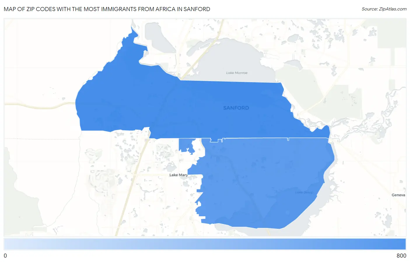 Zip Codes with the Most Immigrants from Africa in Sanford Map