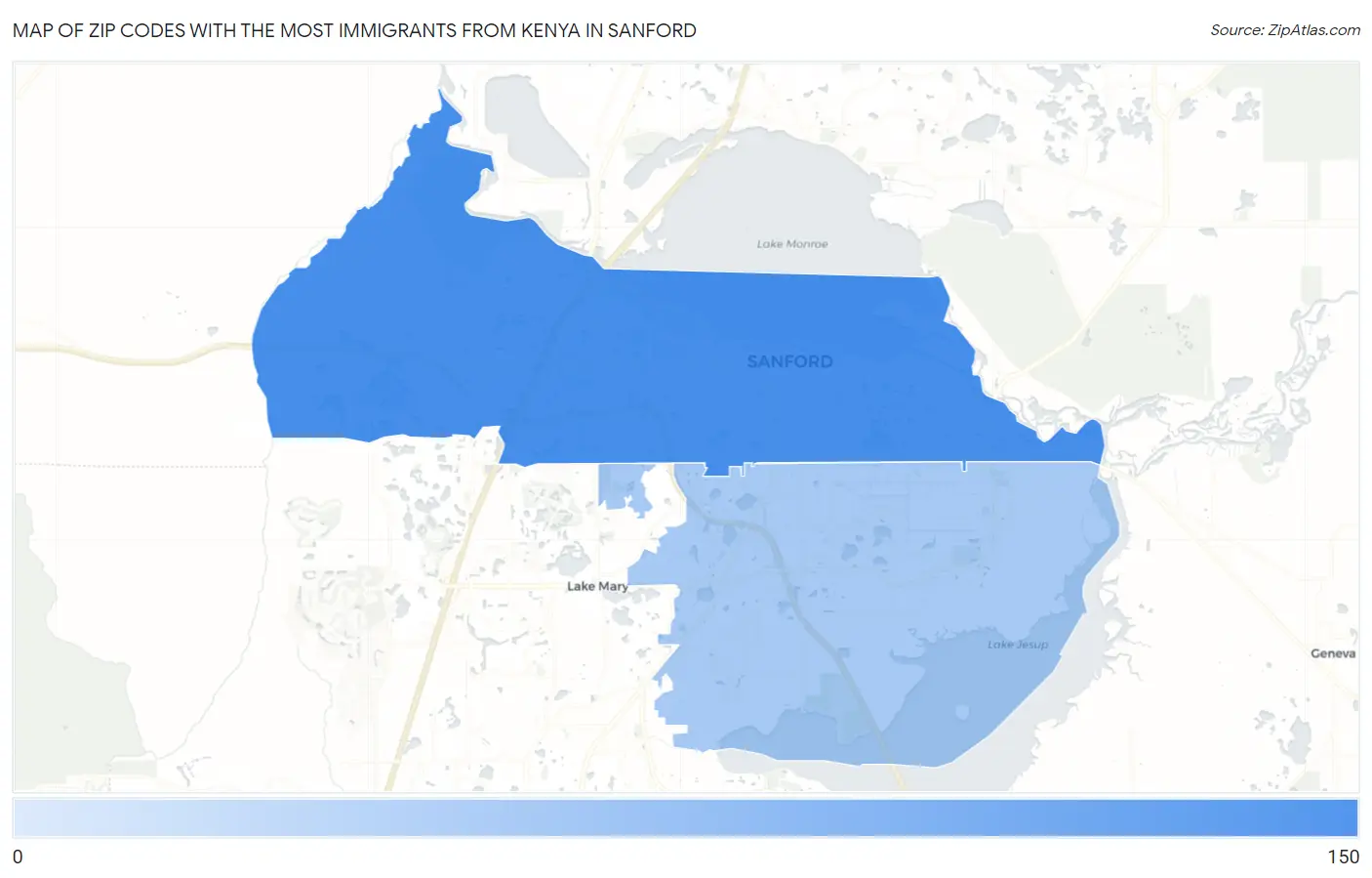 Zip Codes with the Most Immigrants from Kenya in Sanford Map
