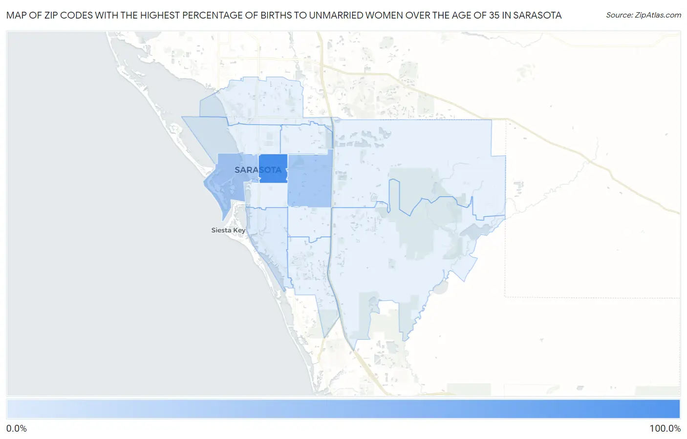 Zip Codes with the Highest Percentage of Births to Unmarried Women over the Age of 35 in Sarasota Map
