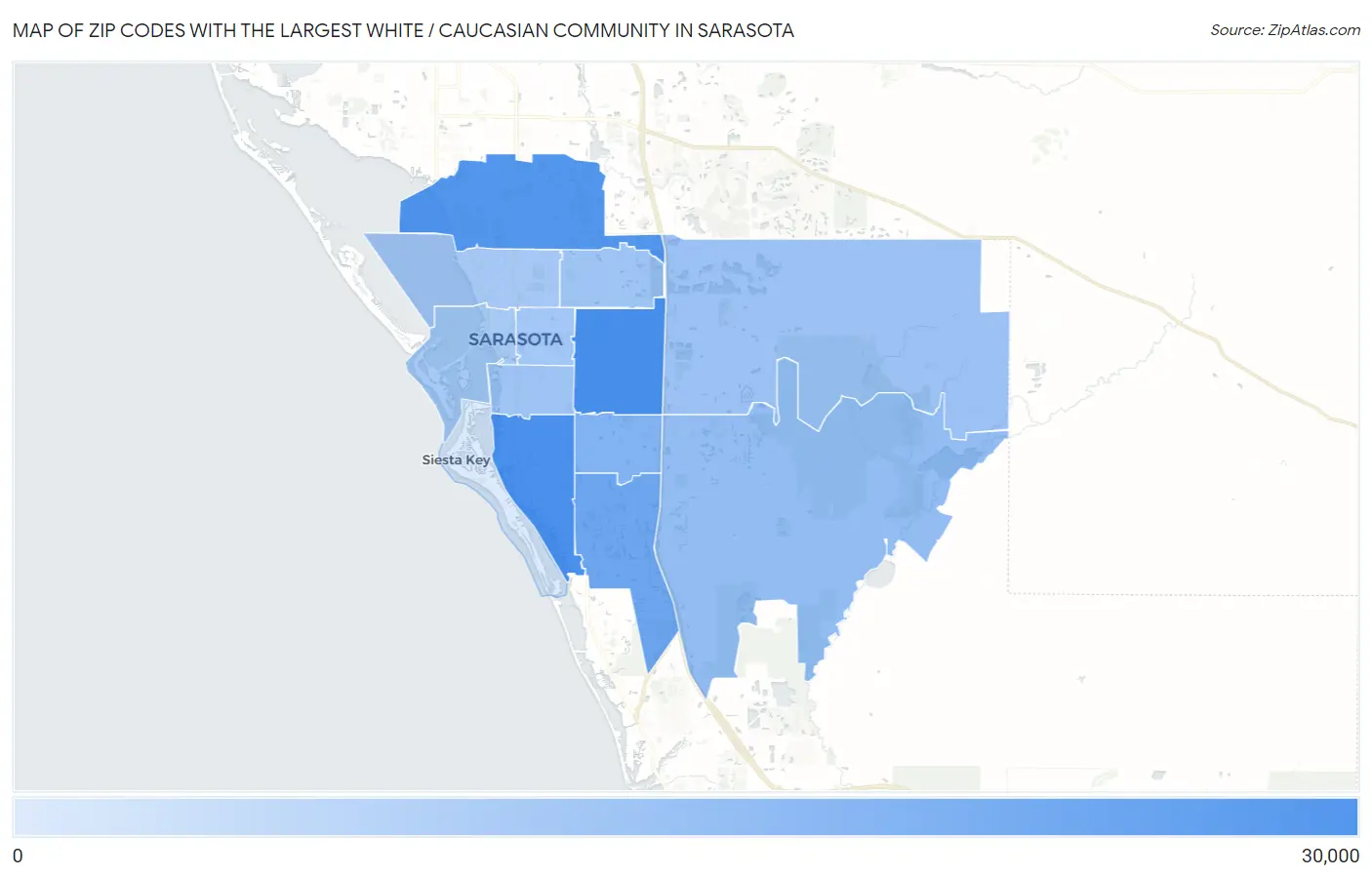 Zip Codes with the Largest White / Caucasian Community in Sarasota Map