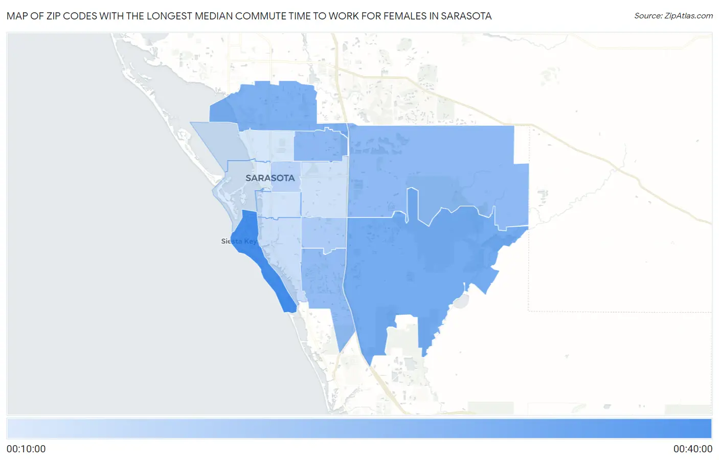 Zip Codes with the Longest Median Commute Time to Work for Females in Sarasota Map