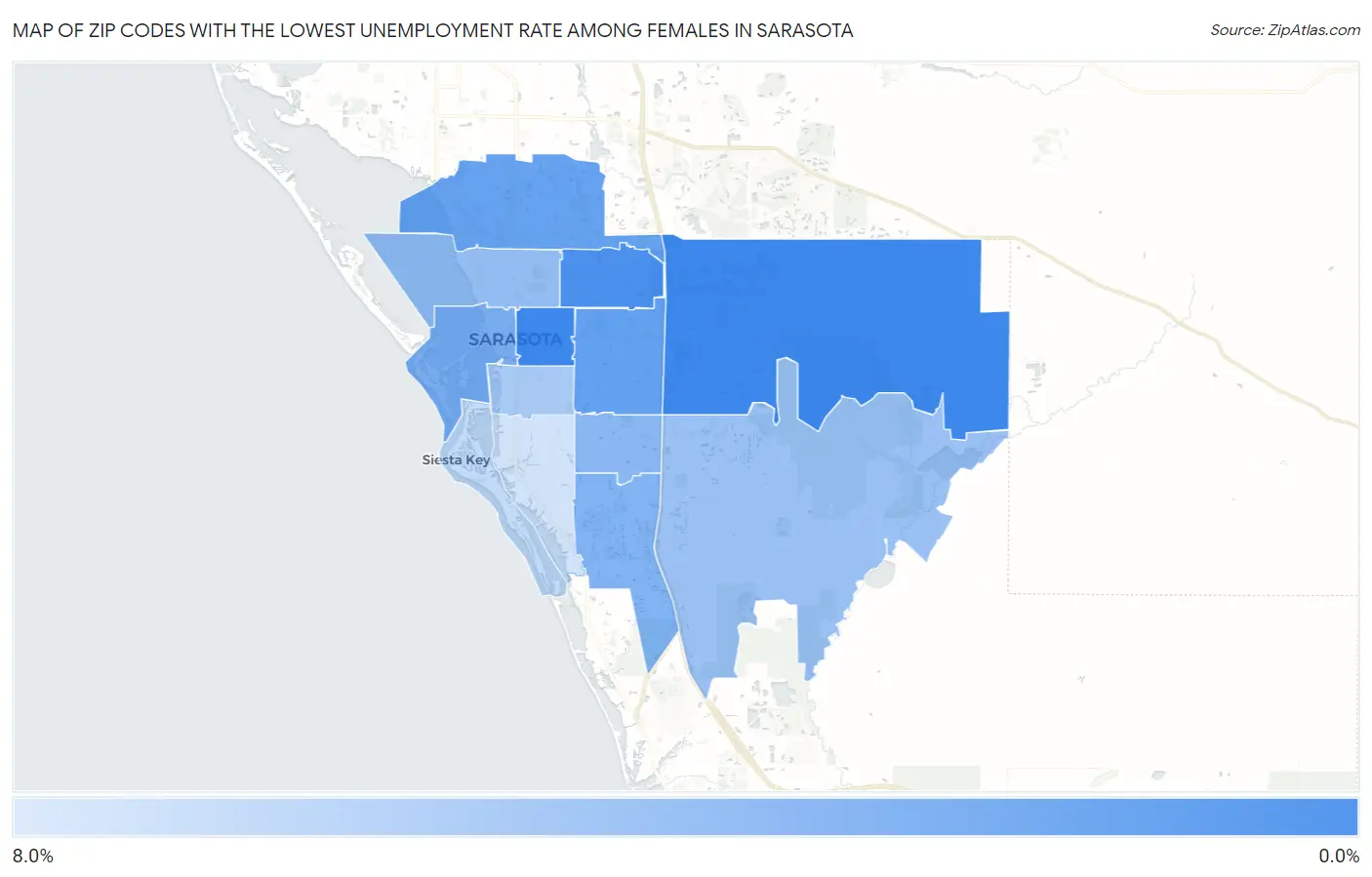Zip Codes with the Lowest Unemployment Rate Among Females in Sarasota Map