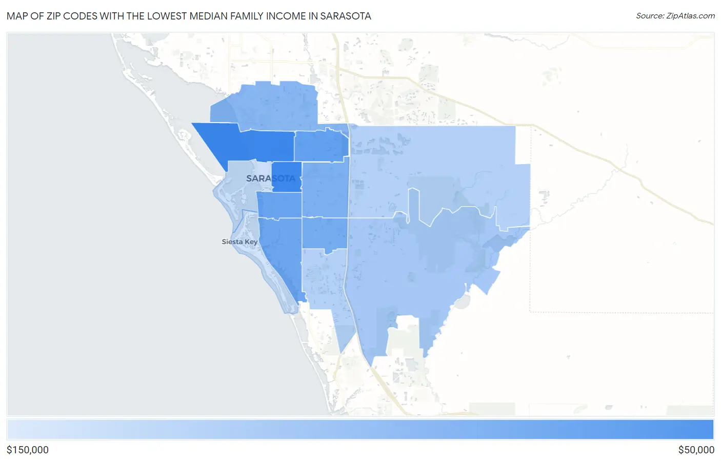Zip Codes with the Lowest Median Family Income in Sarasota Map