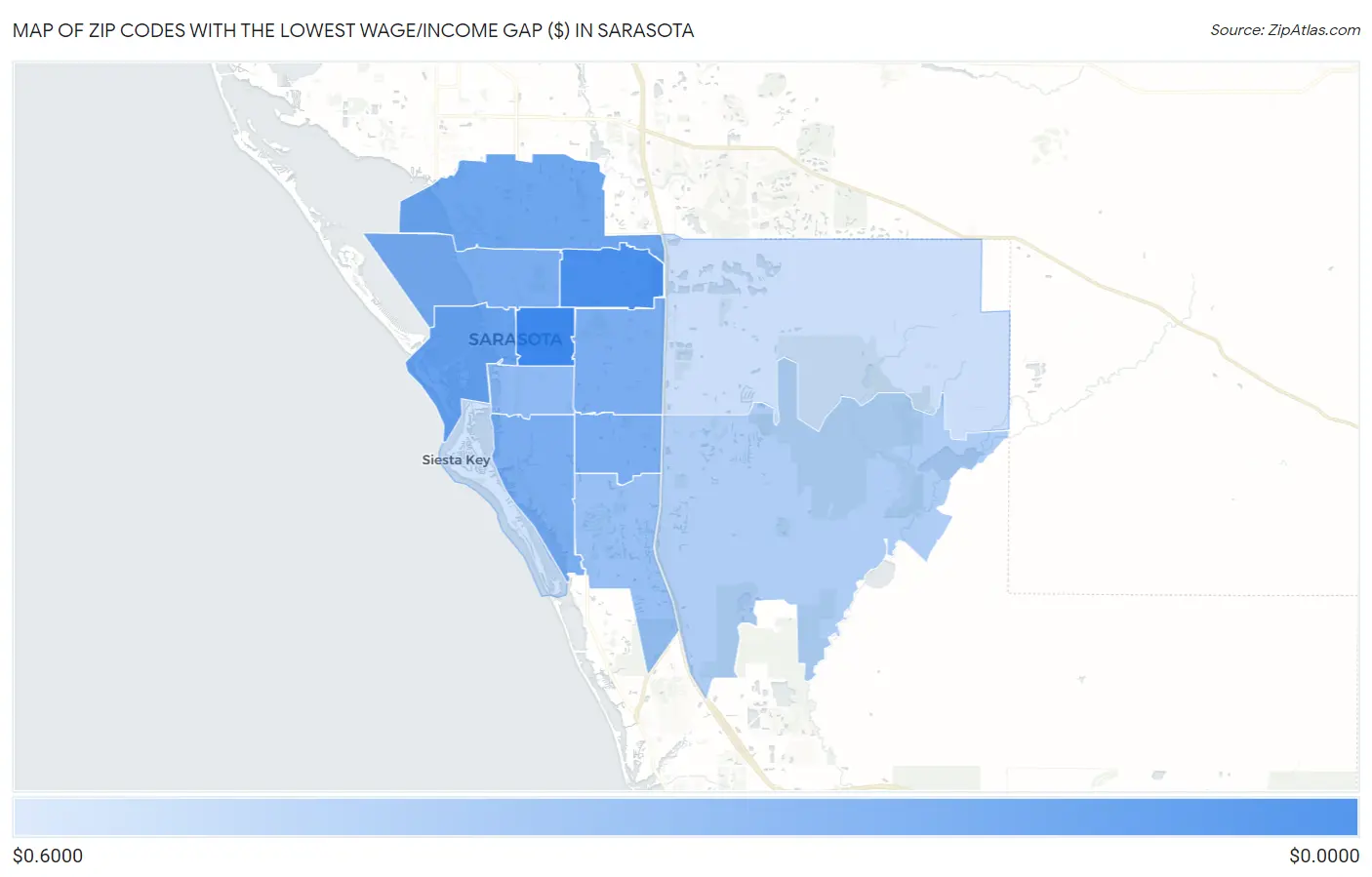 Zip Codes with the Lowest Wage/Income Gap ($) in Sarasota Map