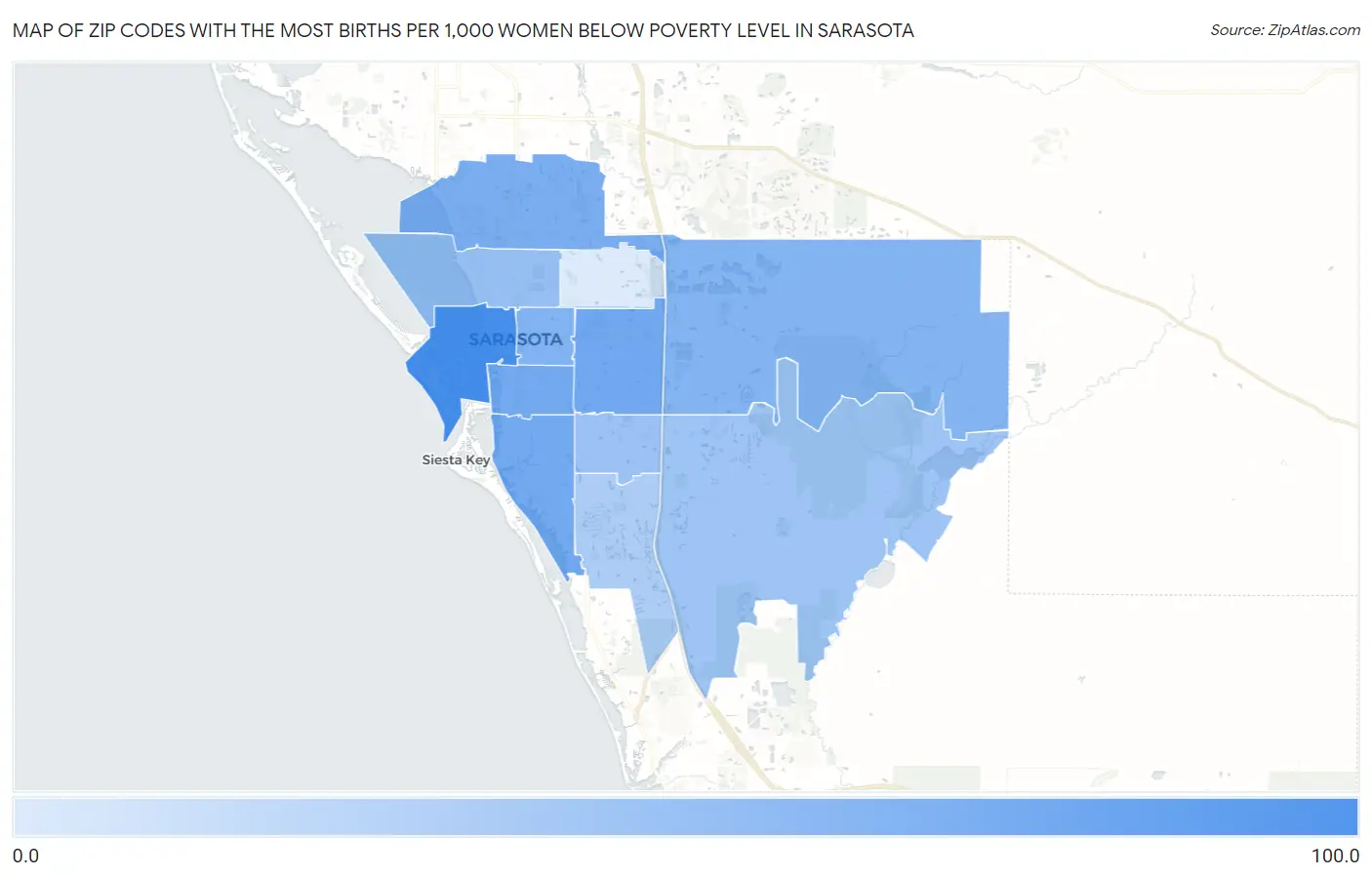 Zip Codes with the Most Births per 1,000 Women Below Poverty Level in Sarasota Map
