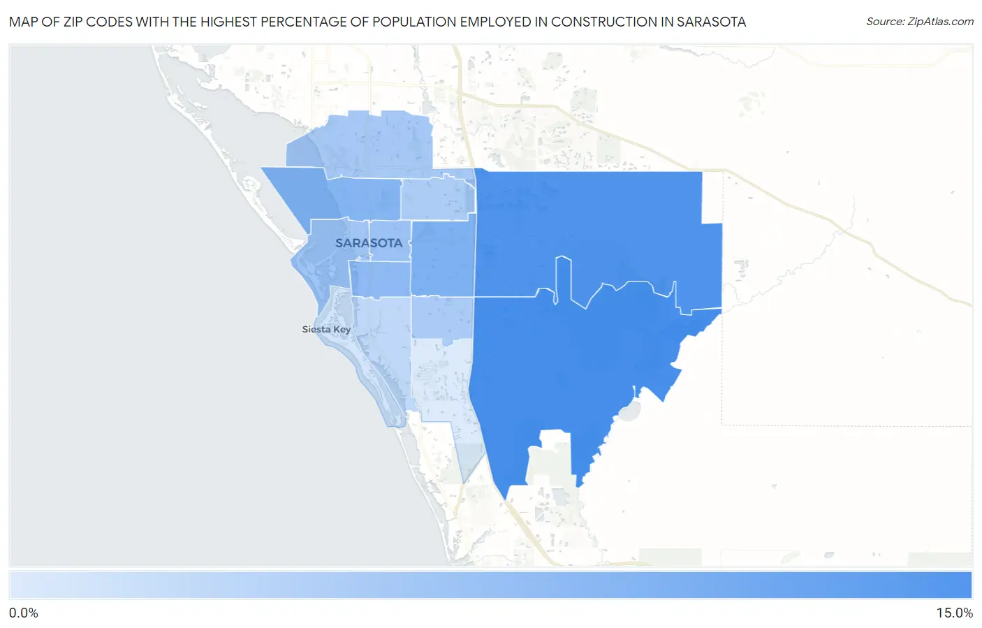 Zip Codes with the Highest Percentage of Population Employed in Construction in Sarasota Map