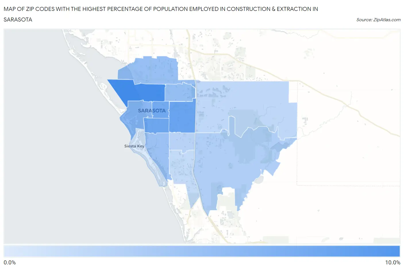 Zip Codes with the Highest Percentage of Population Employed in Construction & Extraction in Sarasota Map