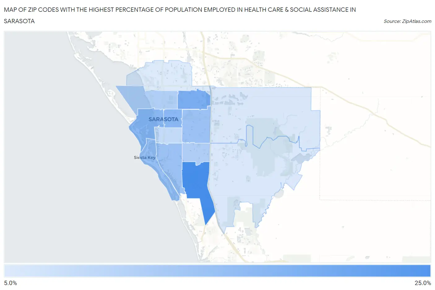 Zip Codes with the Highest Percentage of Population Employed in Health Care & Social Assistance in Sarasota Map