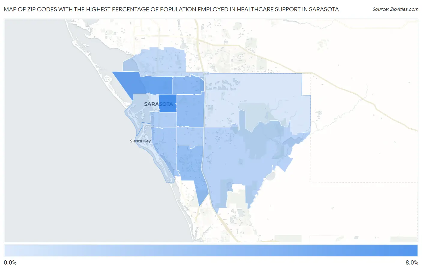 Zip Codes with the Highest Percentage of Population Employed in Healthcare Support in Sarasota Map
