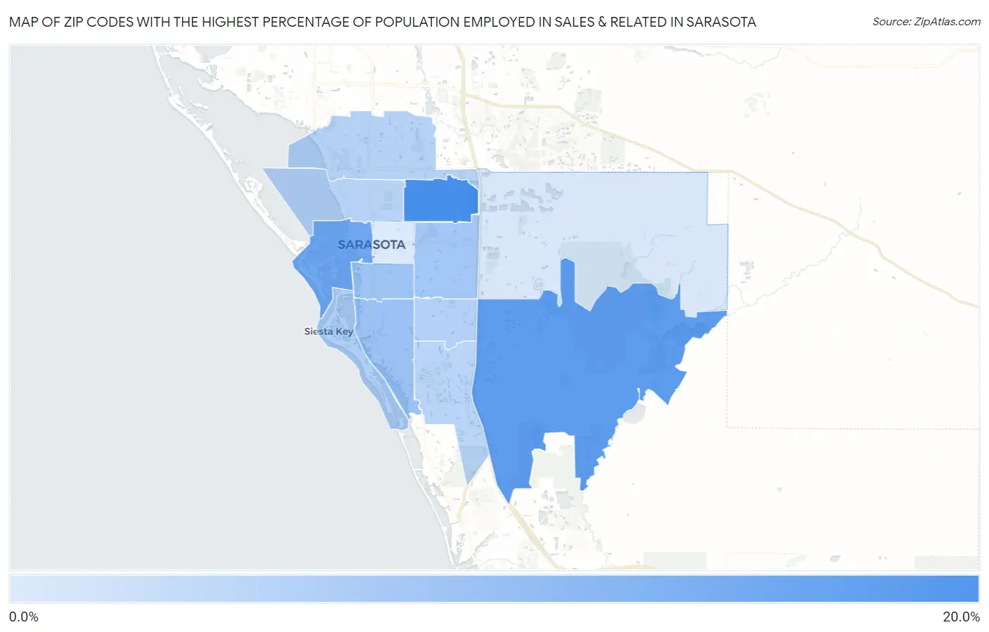 Zip Codes with the Highest Percentage of Population Employed in Sales & Related in Sarasota Map