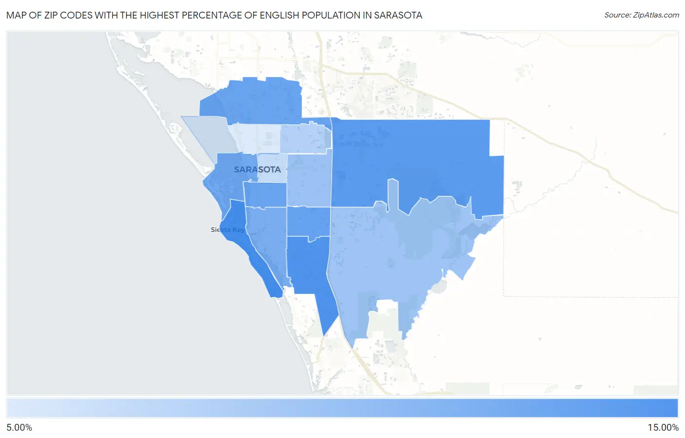 Zip Codes with the Highest Percentage of English Population in Sarasota Map