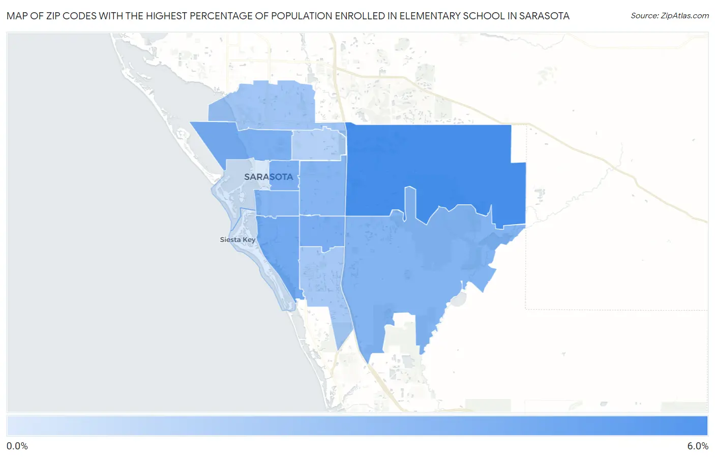 Zip Codes with the Highest Percentage of Population Enrolled in Elementary School in Sarasota Map