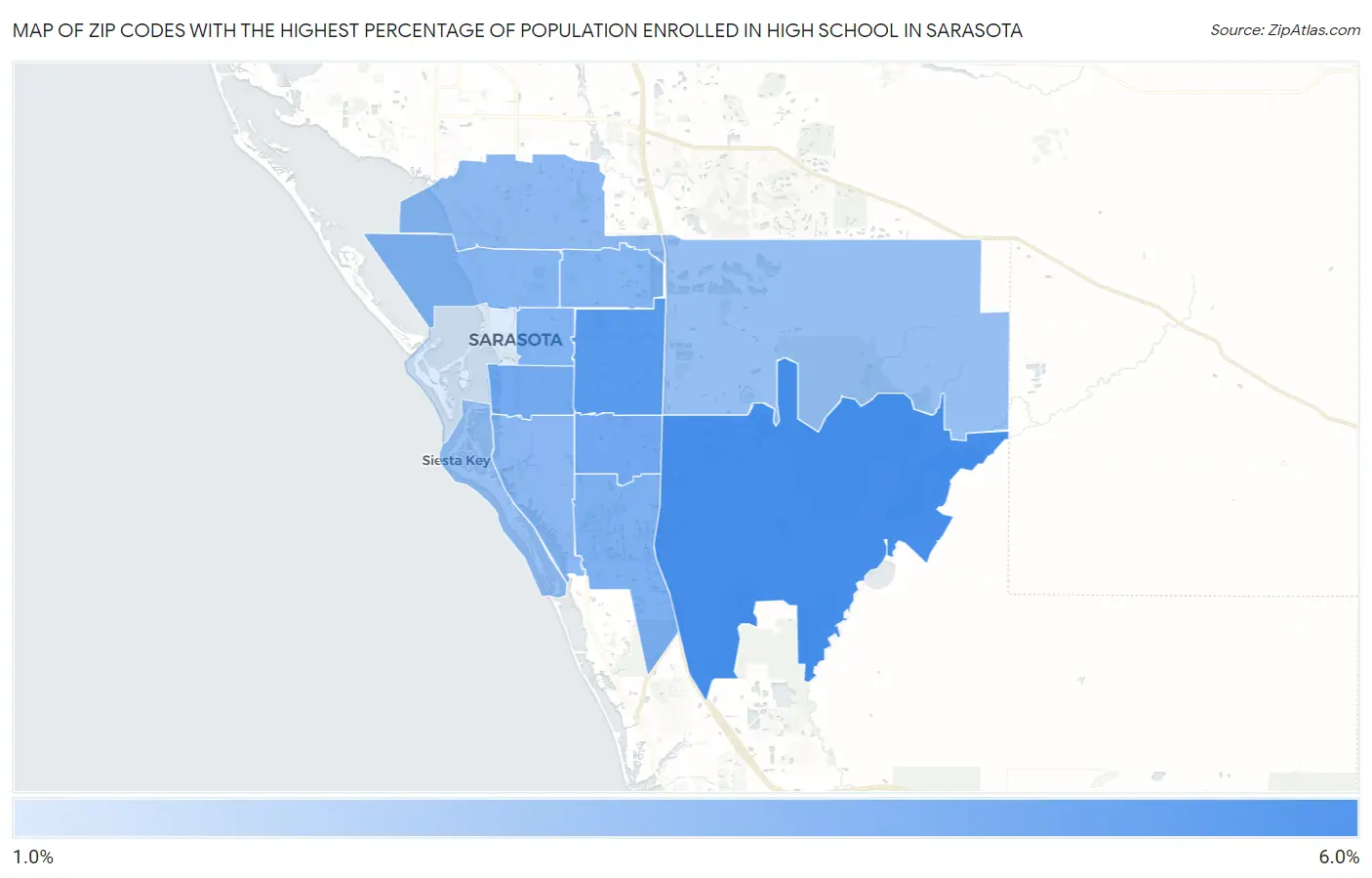 Zip Codes with the Highest Percentage of Population Enrolled in High School in Sarasota Map