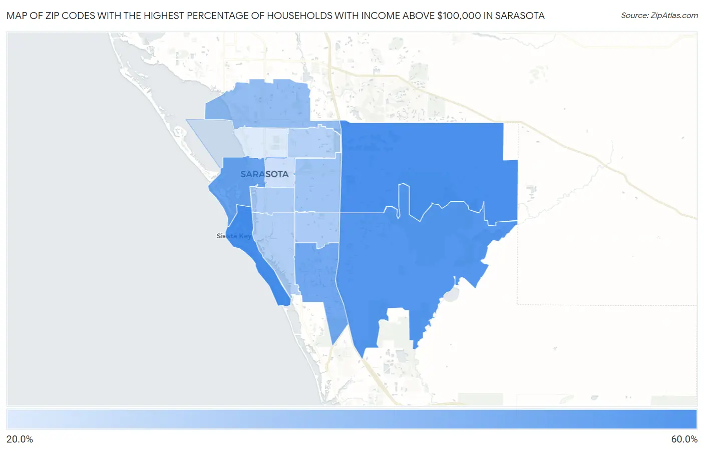 Zip Codes with the Highest Percentage of Households with Income Above $100,000 in Sarasota Map