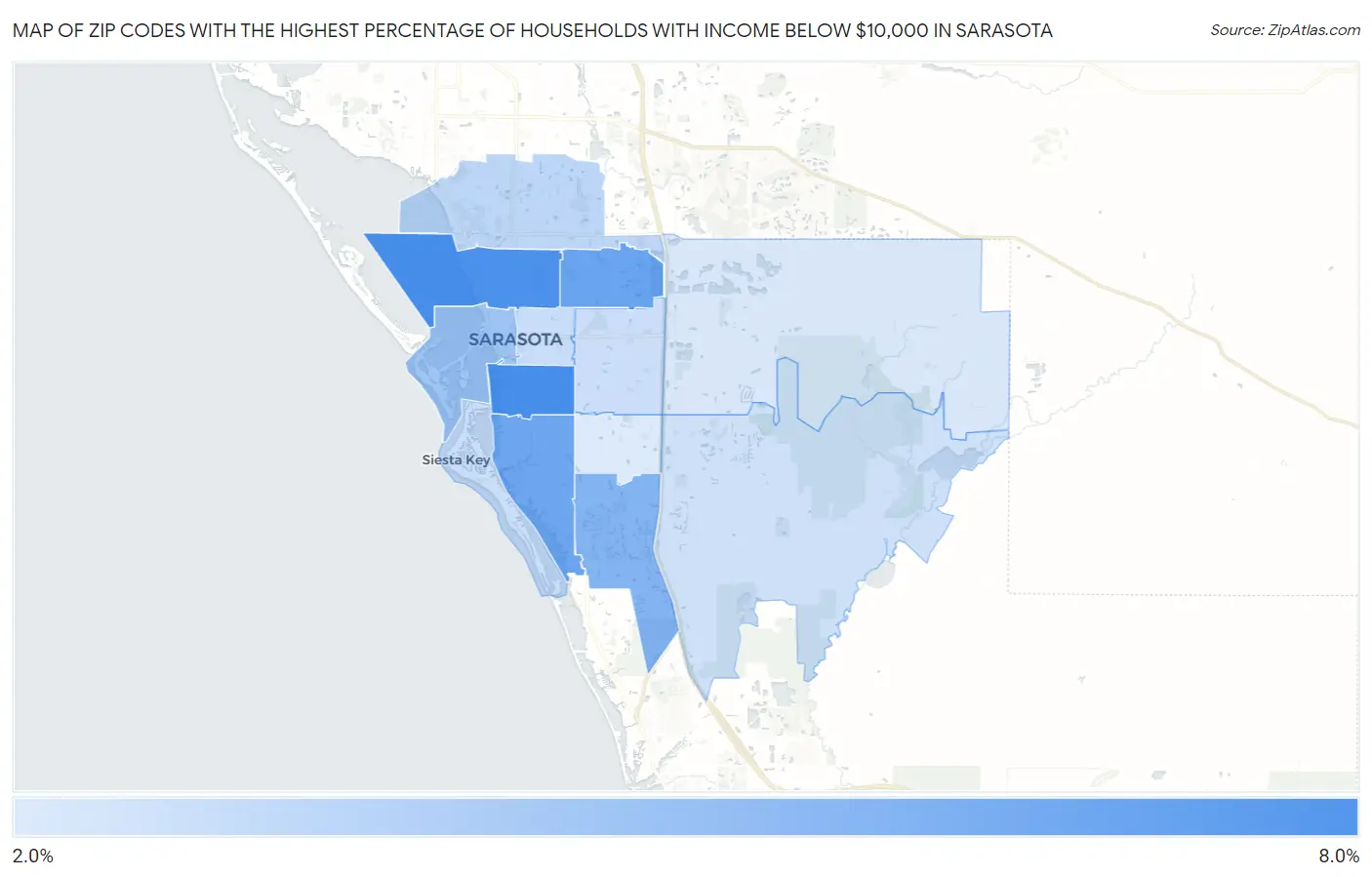 Zip Codes with the Highest Percentage of Households with Income Below $10,000 in Sarasota Map