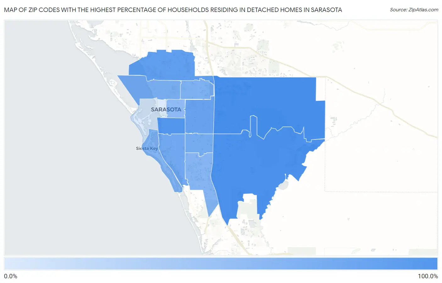 Zip Codes with the Highest Percentage of Households Residing in Detached Homes in Sarasota Map