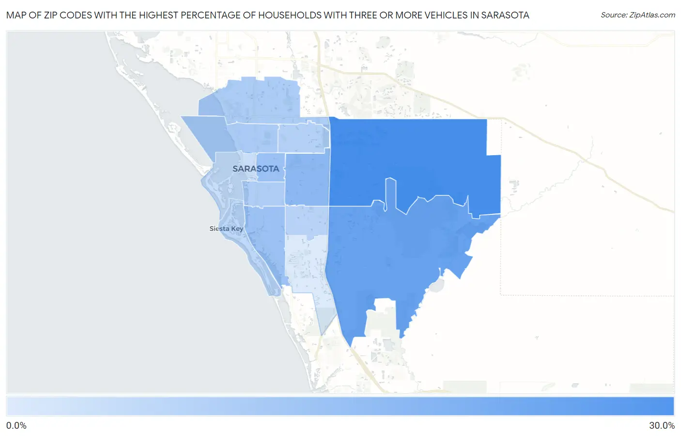 Zip Codes with the Highest Percentage of Households With Three or more Vehicles in Sarasota Map