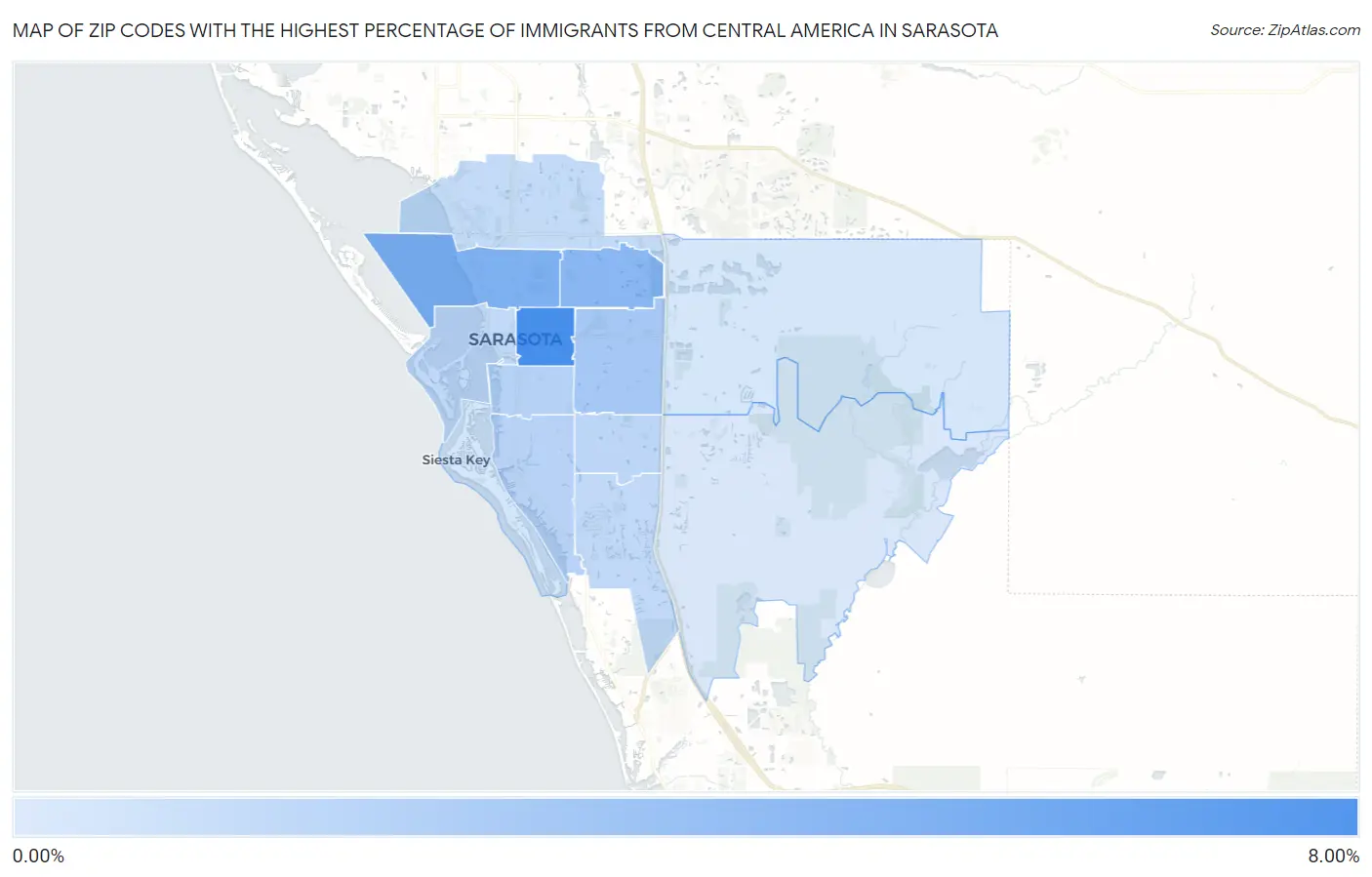 Zip Codes with the Highest Percentage of Immigrants from Central America in Sarasota Map