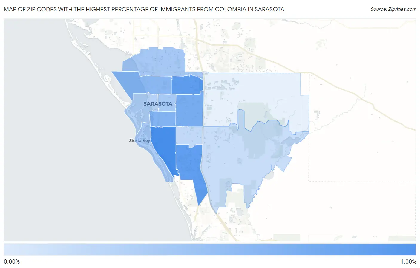 Zip Codes with the Highest Percentage of Immigrants from Colombia in Sarasota Map