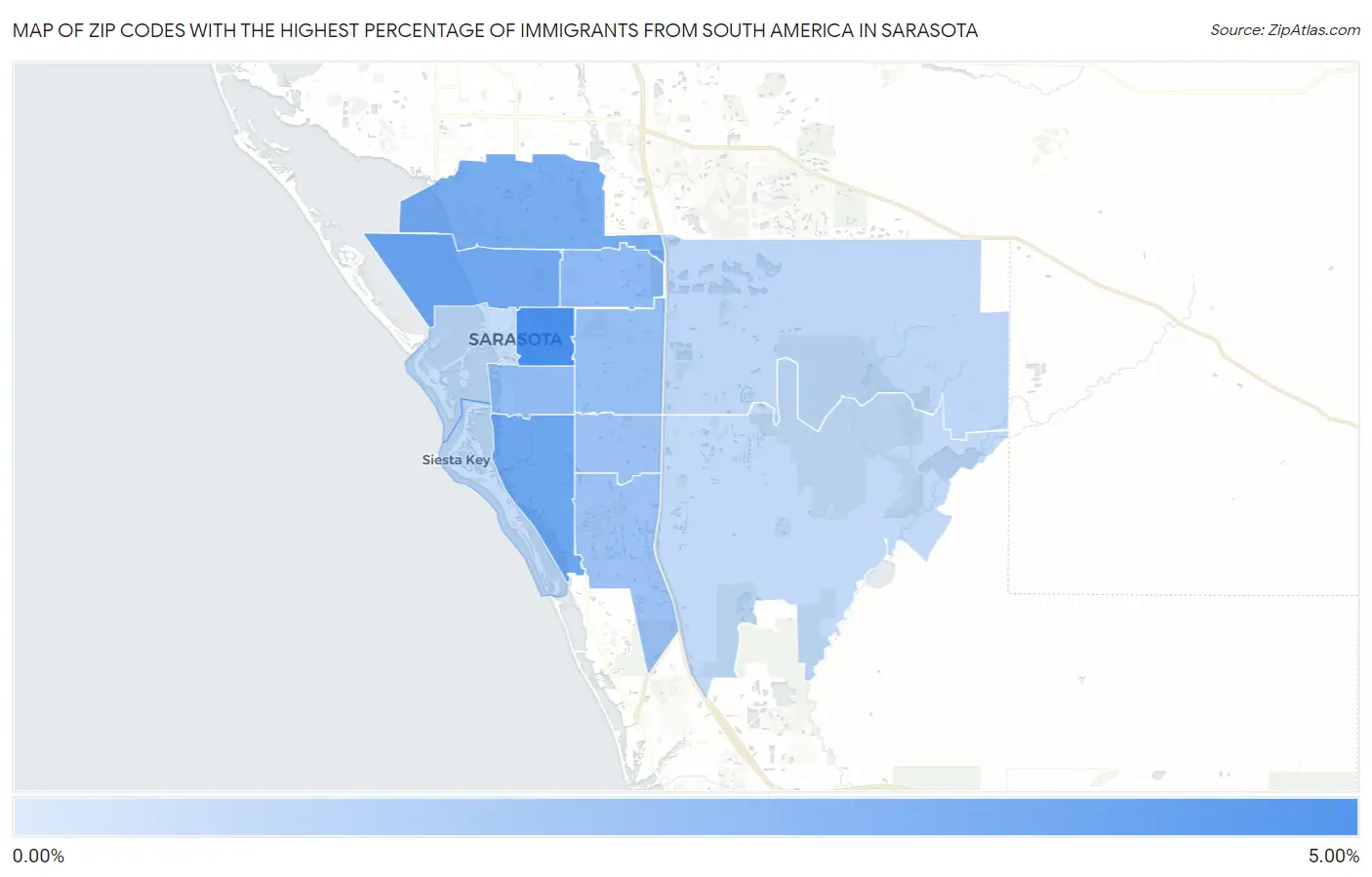 Zip Codes with the Highest Percentage of Immigrants from South America in Sarasota Map