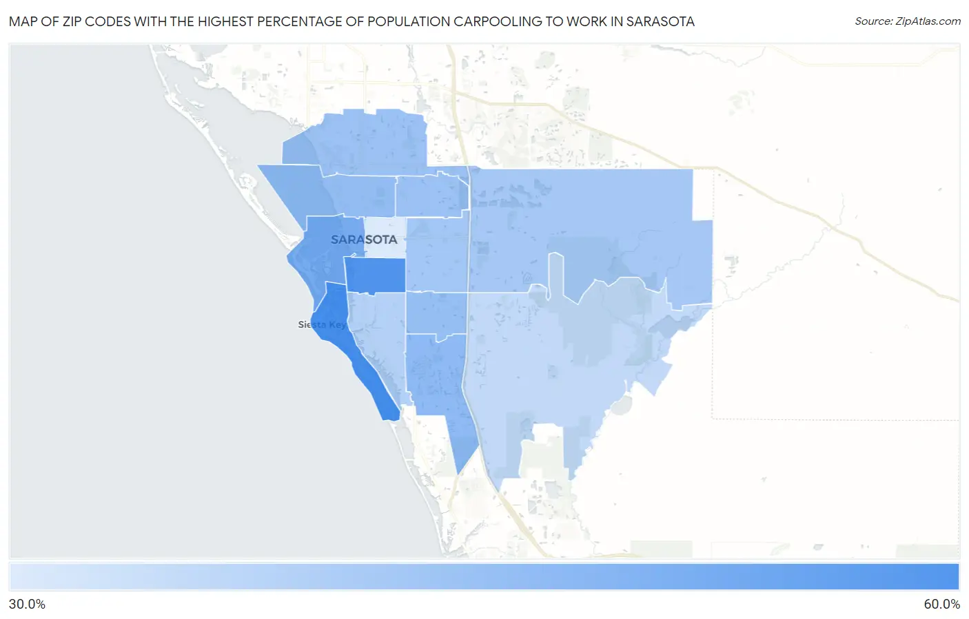 Zip Codes with the Highest Percentage of Population Carpooling to Work in Sarasota Map
