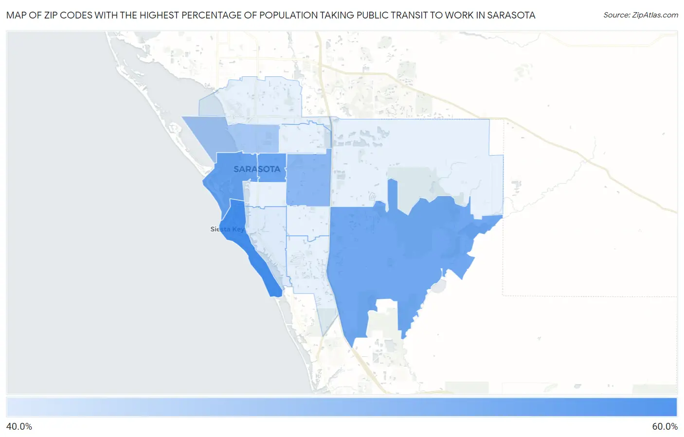 Zip Codes with the Highest Percentage of Population Taking Public Transit to Work in Sarasota Map