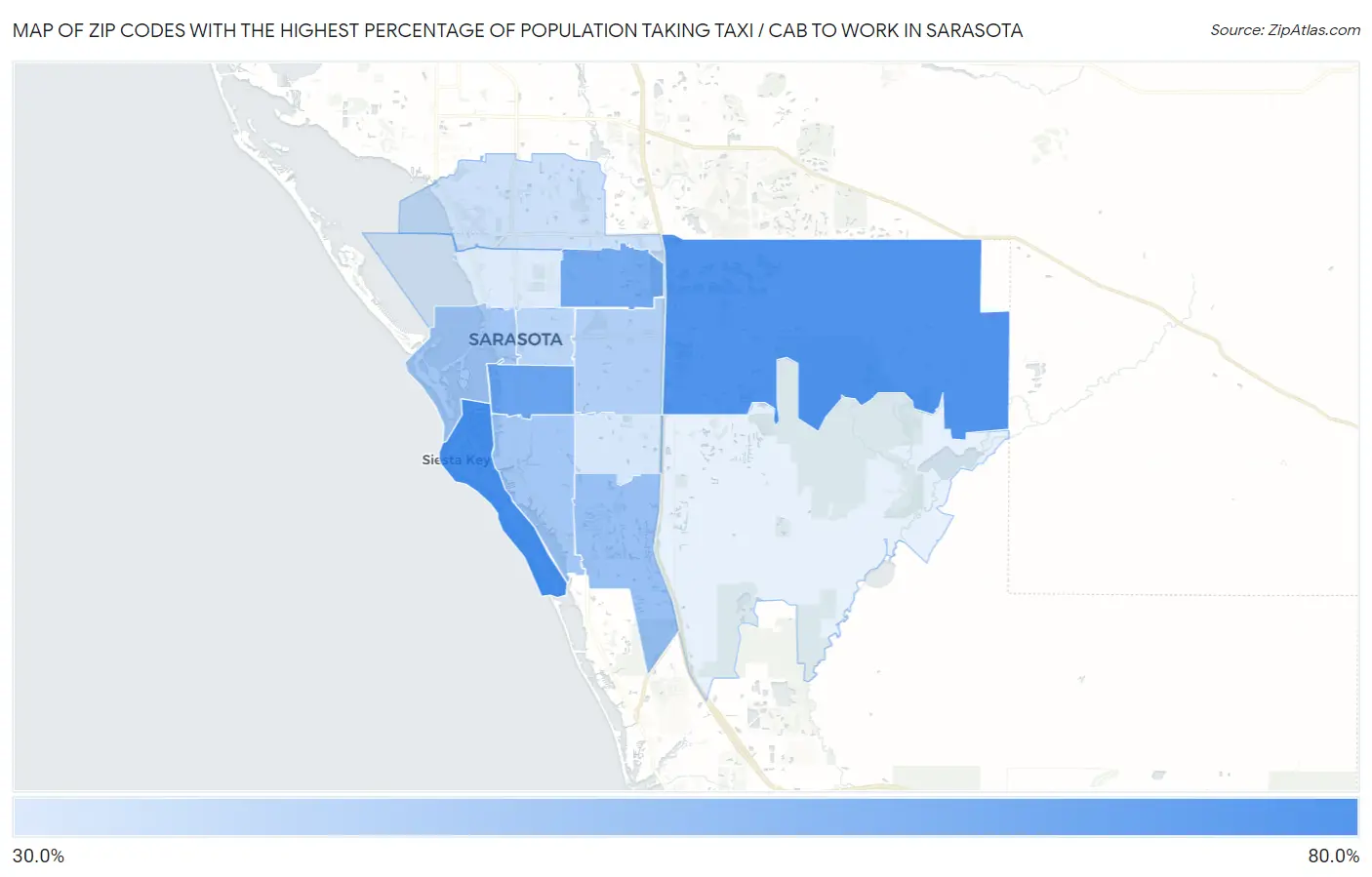 Zip Codes with the Highest Percentage of Population Taking Taxi / Cab to Work in Sarasota Map