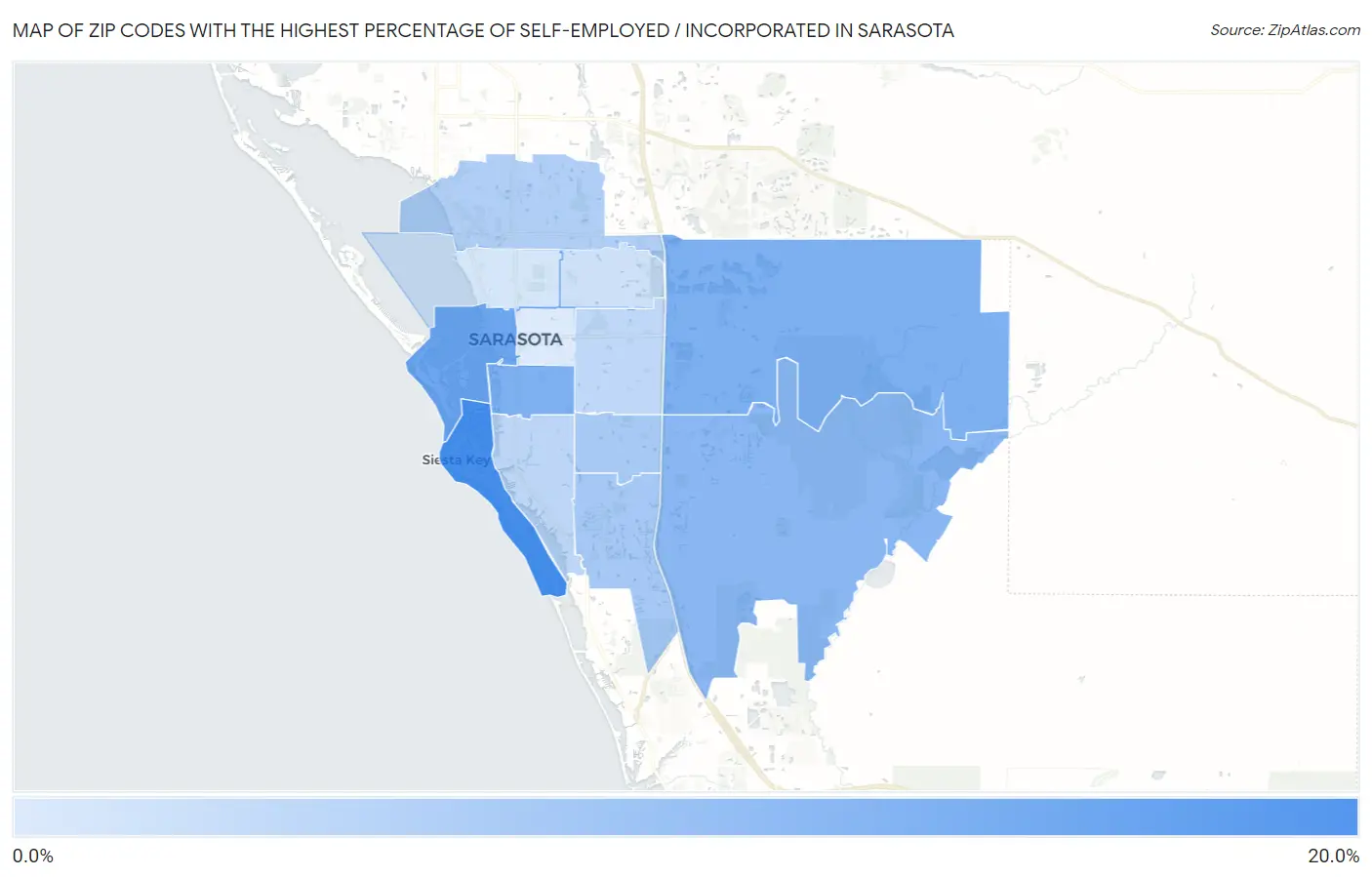 Zip Codes with the Highest Percentage of Self-Employed / Incorporated in Sarasota Map