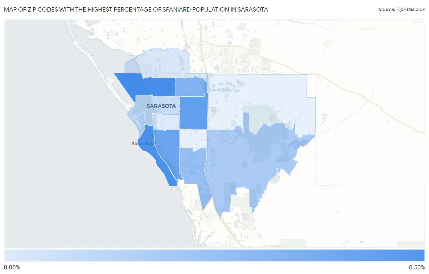 Zip Codes with the Highest Percentage of Spaniard Population in Sarasota Map