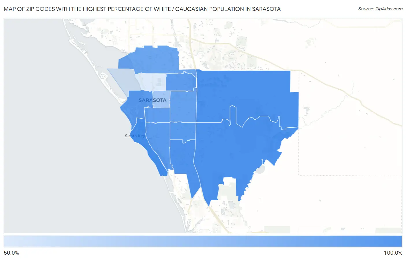 Zip Codes with the Highest Percentage of White / Caucasian Population in Sarasota Map