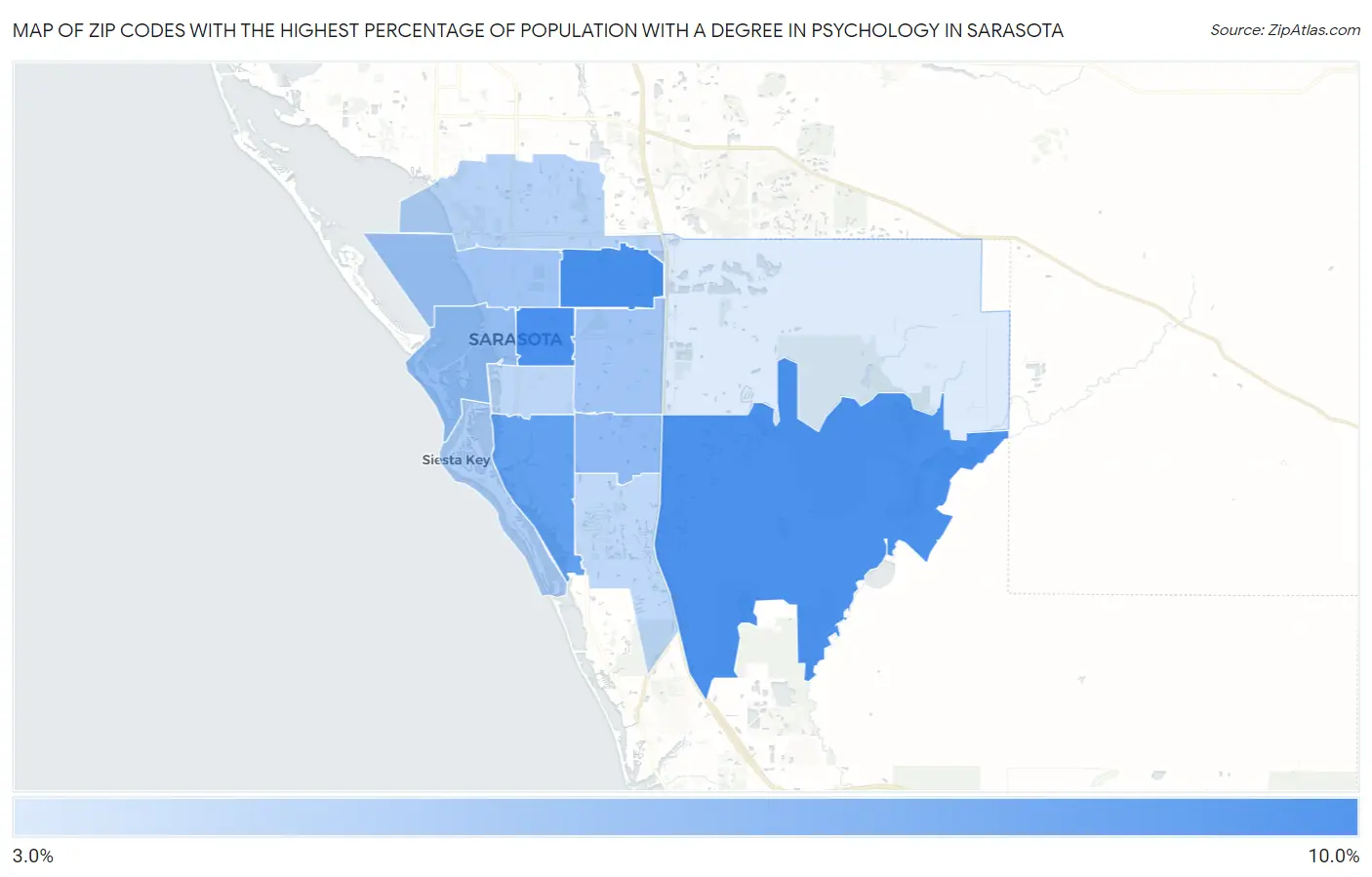 Zip Codes with the Highest Percentage of Population with a Degree in Psychology in Sarasota Map