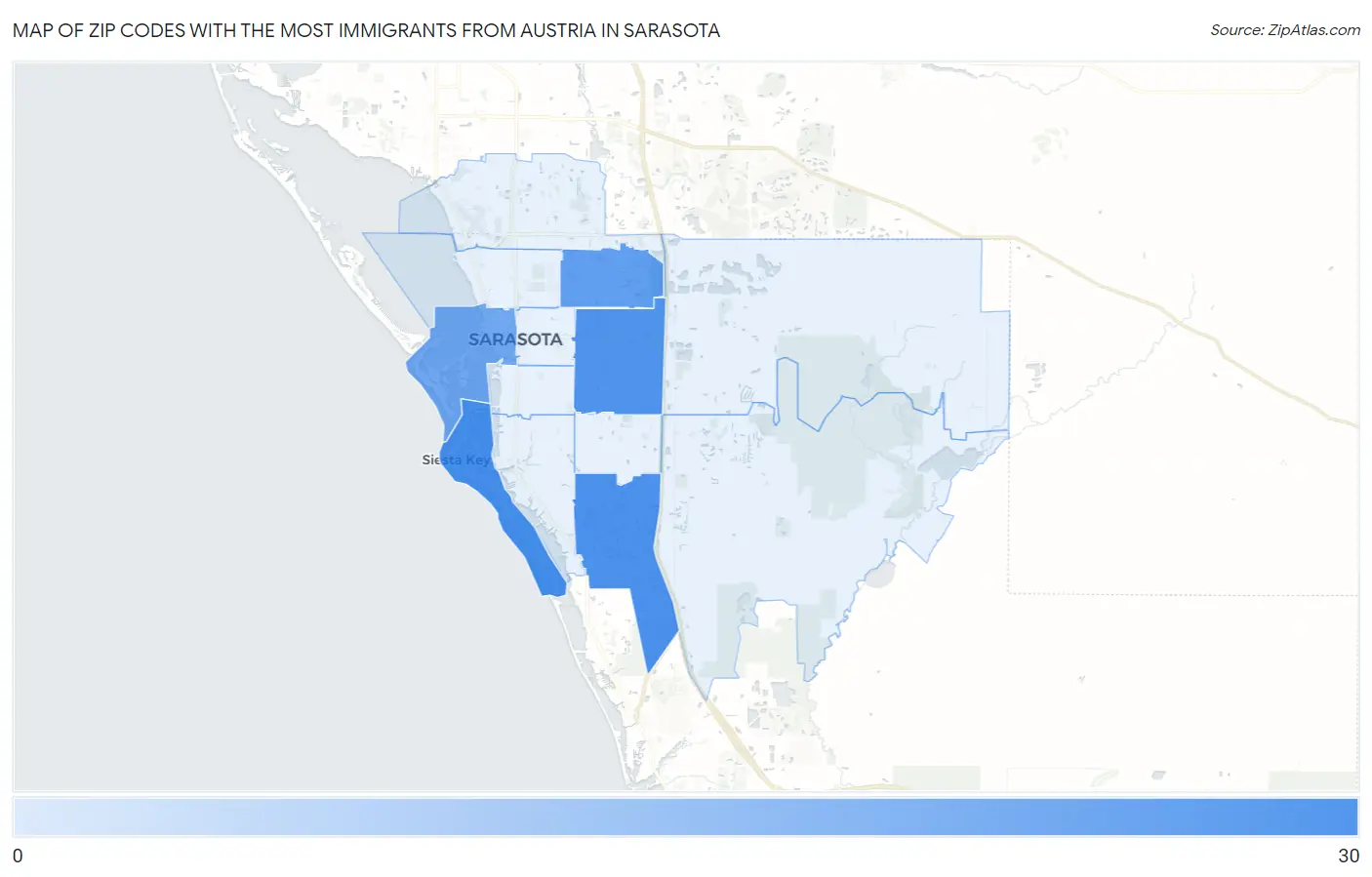 Zip Codes with the Most Immigrants from Austria in Sarasota Map